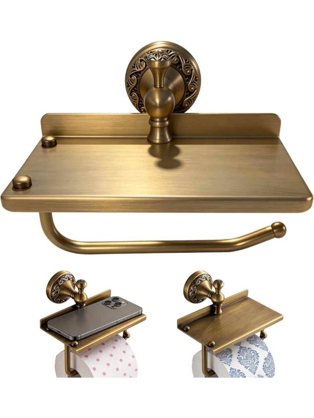 Vintage Brass Toilet Paper Holder with Shelf - Wall-Mounted Bathroom Accessory